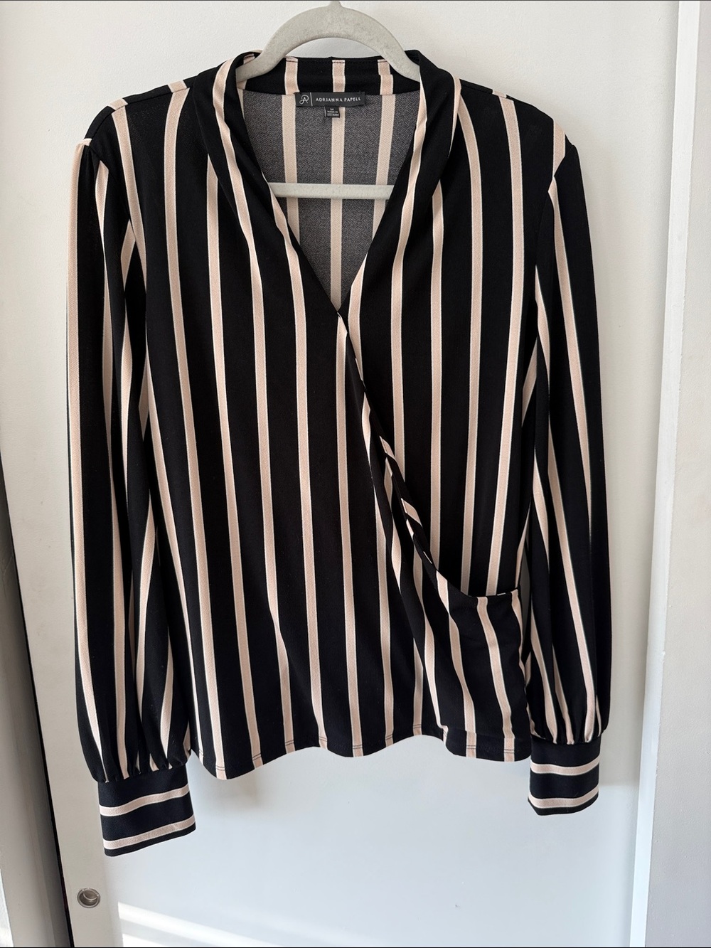 Adrianna Papell Black and Blush Vertical Stripe Wrap-Front Blouse